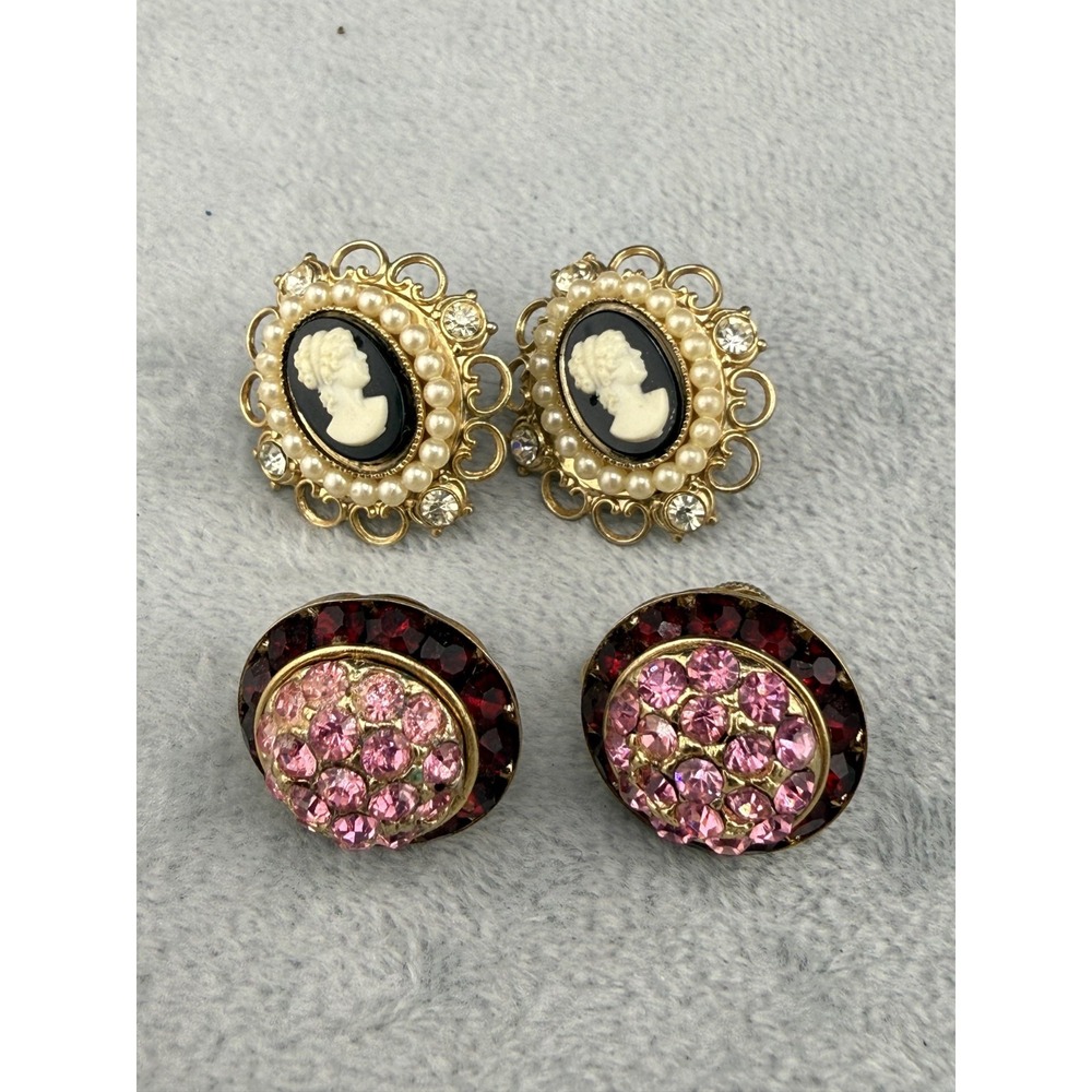 Vintage Coro Estate Earrings Gold Tone Cameo Faux Pearl Pink Rhinestone Lot